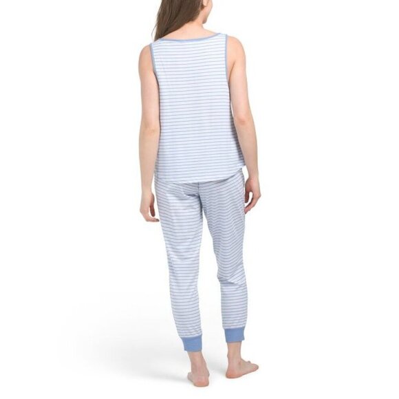 Splendid Womens Blue Striped Split Neck Tank Top Joggers Pajama Sets Sz L New - Picture 2 of 9